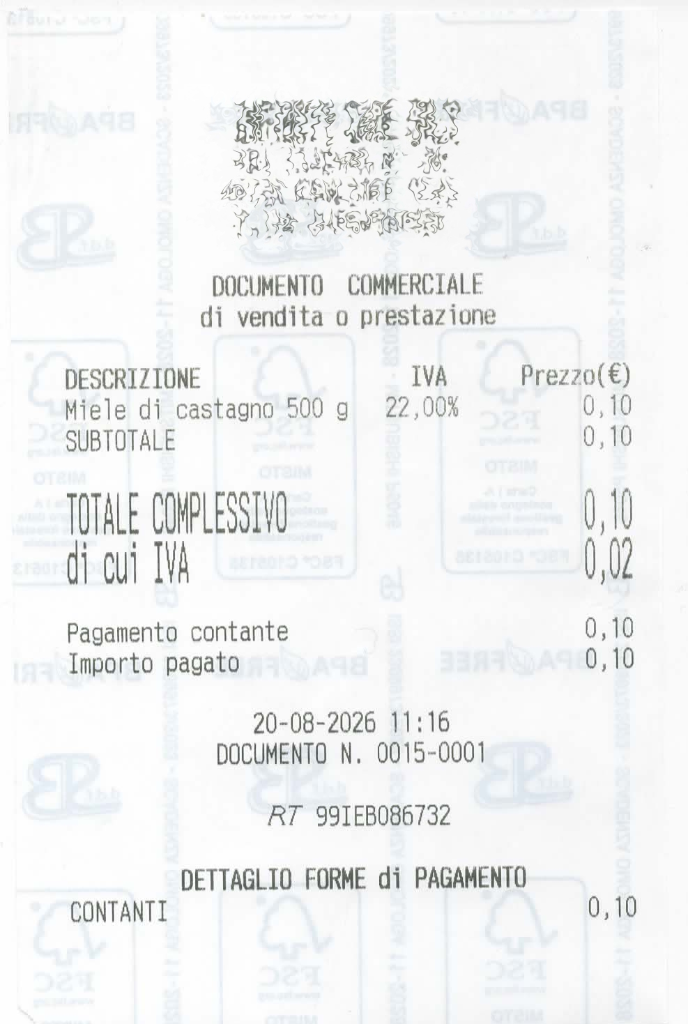 Il documento commerciale n. 0015-0001, il primo stampato dal cloud